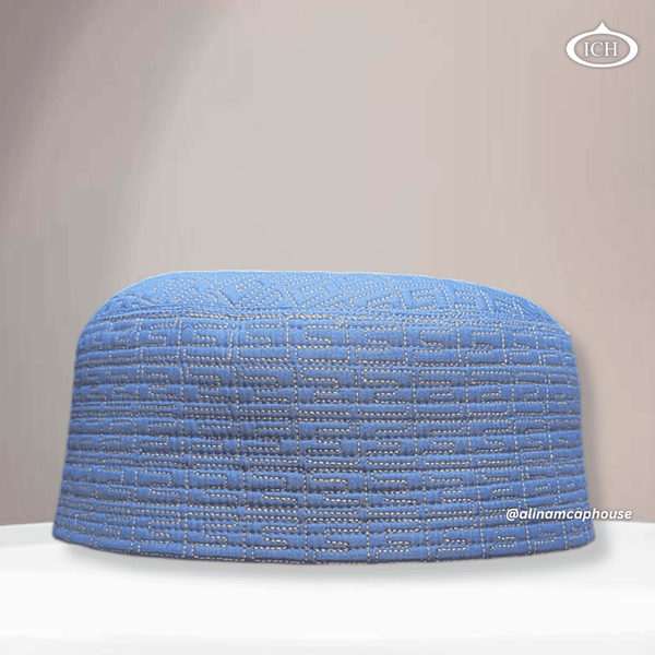 Al Inam Cap blue, premium Islamic prayer cap, front view, soft breathable fabric, AL INAM CAP HOUSE