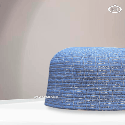 Al Inam Cap blue, Muslim kufi prayer cap, side view, comfortable fit, AL INAM CAP HOUSE