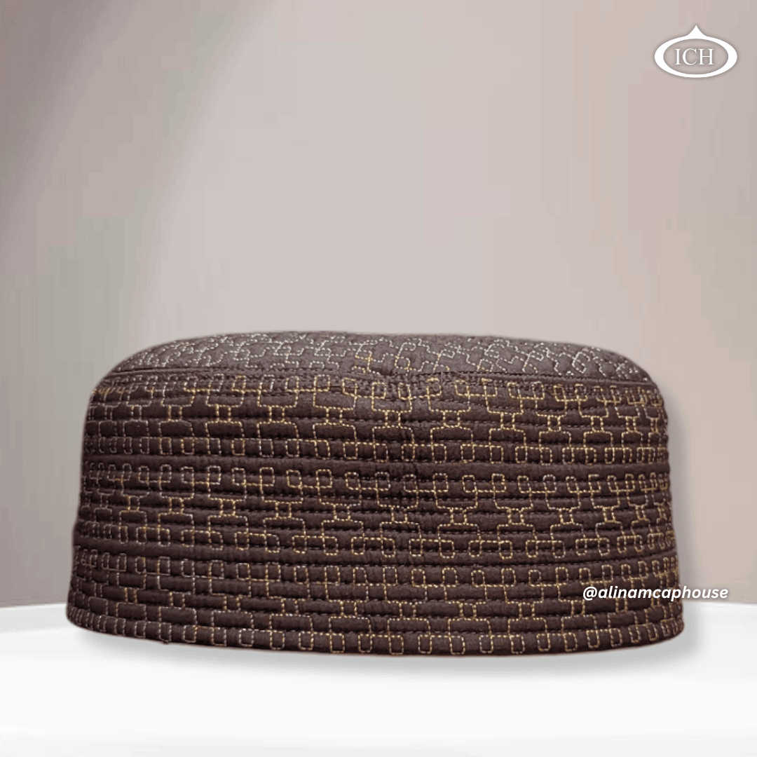 Al Inam Cap brown, premium Islamic prayer cap, front view, soft breathable fabric, AL INAM CAP HOUSE
