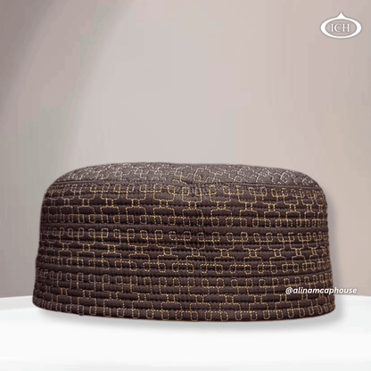 Al Inam Cap brown, premium Islamic prayer cap, front view, soft breathable fabric, AL INAM CAP HOUSE