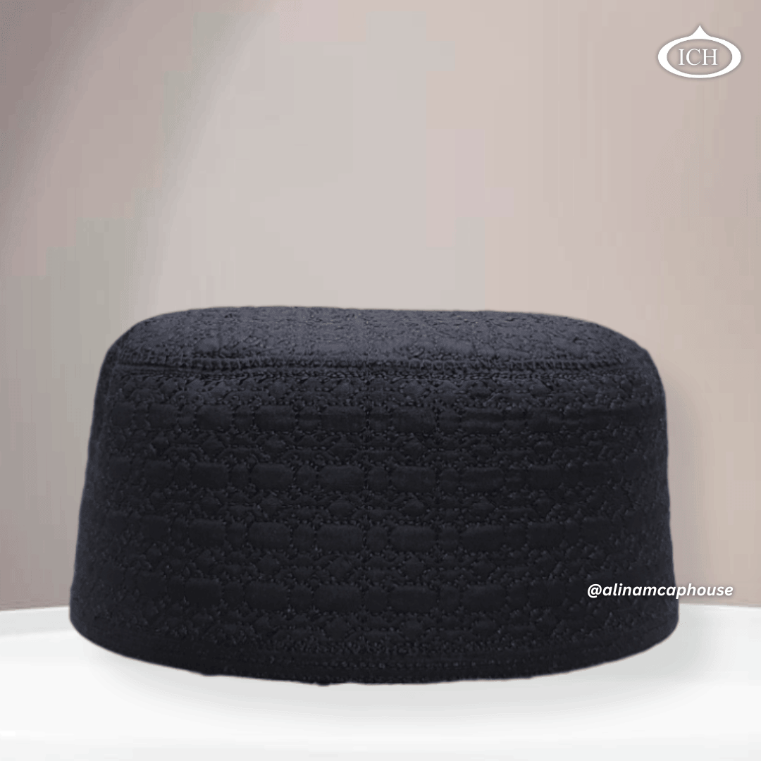 AL INAM Cap black, premium Islamic prayer cap, front view, soft breathable fabric, AL INAM CAP HOUSE