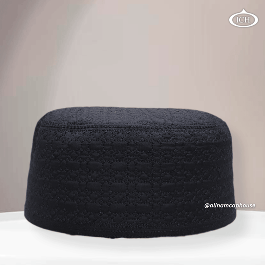 AL INAM Cap black, premium Islamic prayer cap, front view, soft breathable fabric, AL INAM CAP HOUSE