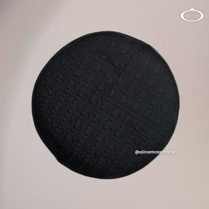 AL INAM Cap black, elegant kufi design, top view, Islamic essentials, AL INAM CAP HOUSE