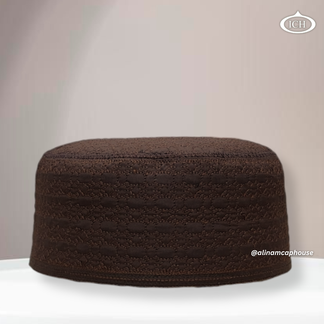 AL INAM Cap brown, premium Islamic prayer cap, front view, soft breathable fabric, AL INAM CAP HOUSE