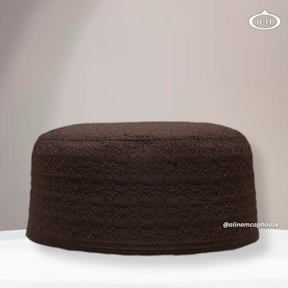 AL INAM Cap brown, premium Islamic prayer cap, front view, soft breathable fabric, AL INAM CAP HOUSE