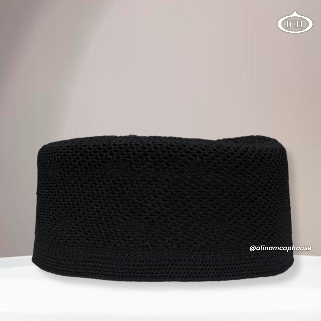 Al Inam Turkish cap black, premium Islamic prayer cap, front view, soft breathable fabric, AL INAM CAP HOUSE