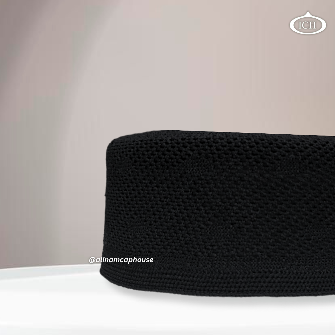 Al Inam Turkish cap black, Muslim kufi prayer cap, side view, comfortable fit, AL INAM CAP HOUSE