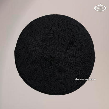 Al Inam Turkish cap black, elegant kufi design, top view, Islamic essentials, AL INAM CAP HOUSE
