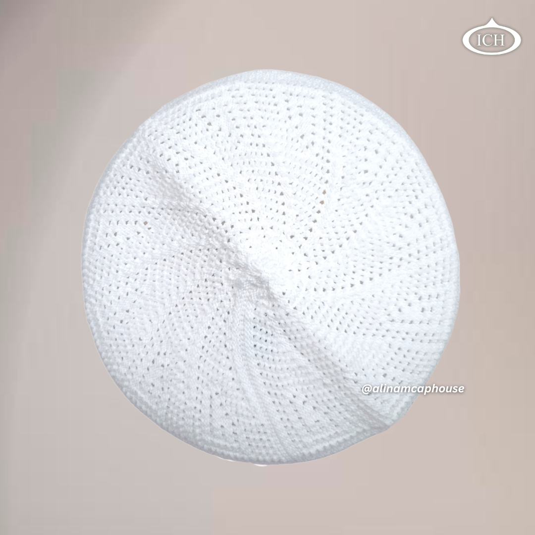 Al Inam Turkish cap white, elegant kufi design, top view, Islamic essentials, AL INAM CAP HOUSE