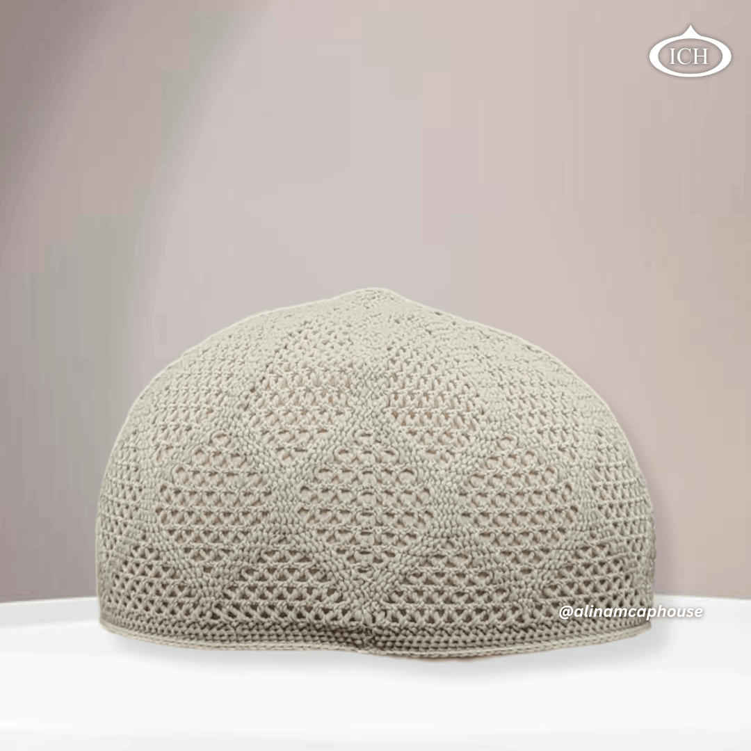 N05 beige, Islamic prayer cap, front view, soft breathable fabric, subtle texture, AL INAM CAP HOUSE