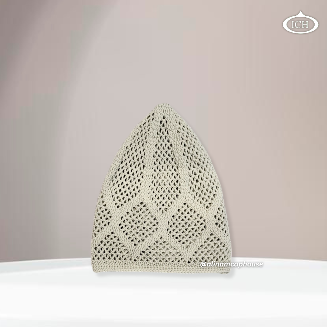 N05 beige, Islamic prayer cap, side view, snug fit, handcrafted detail, AL INAM CAP HOUSE