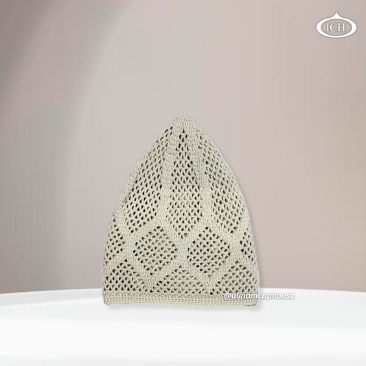 N05 beige, Islamic prayer cap, side view, snug fit, handcrafted detail, AL INAM CAP HOUSE