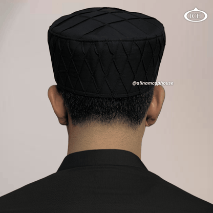 Al Inam Cap black, Islamic prayer wear, back view, handcrafted detail, AL INAM CAP HOUSE
