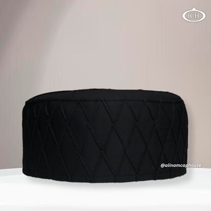 Al Inam Cap black, premium Islamic prayer cap, front view, soft breathable fabric, AL INAM CAP HOUSE