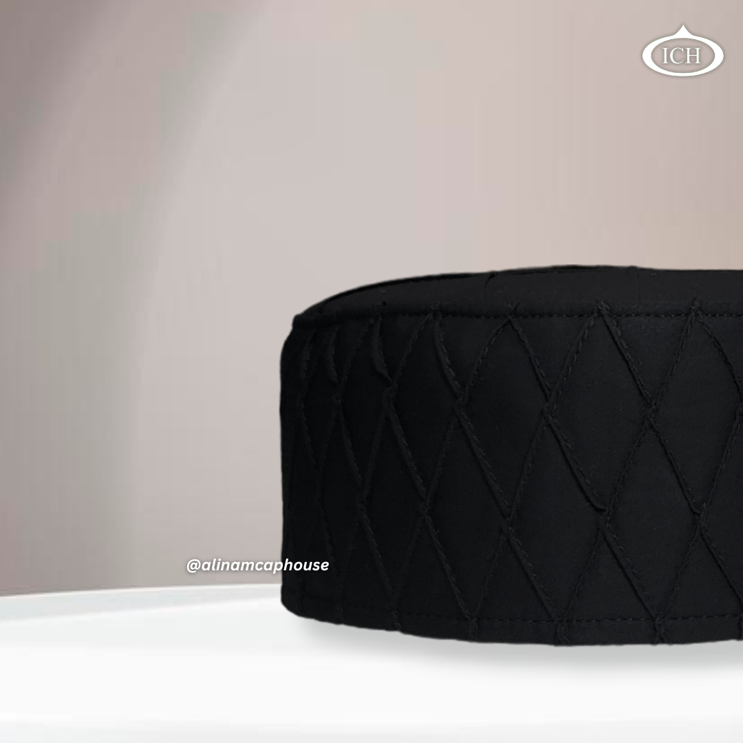 Al Inam Cap black, Muslim kufi prayer cap, side view, comfortable fit, AL INAM CAP HOUSE
