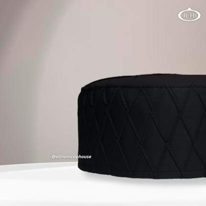 Al Inam Cap black, Muslim kufi prayer cap, side view, comfortable fit, AL INAM CAP HOUSE