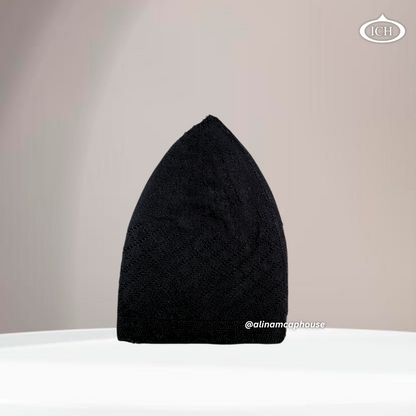 N06 black, Islamic prayer cap, side view, snug fit, handcrafted detail, AL INAM CAP HOUSE