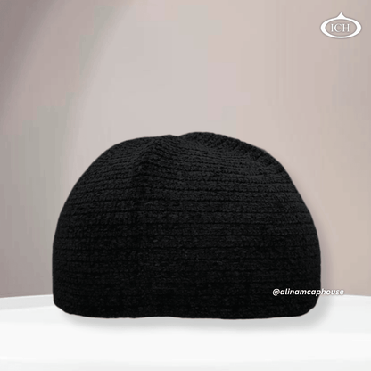 N09 black Turkish knitted cap, Islamic prayer cap, front view, soft breathable fabric, textured design, AL INAM CAP HOUSE