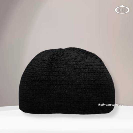 N09 black Turkish knitted cap, Islamic prayer cap, front view, soft breathable fabric, textured design, AL INAM CAP HOUSE