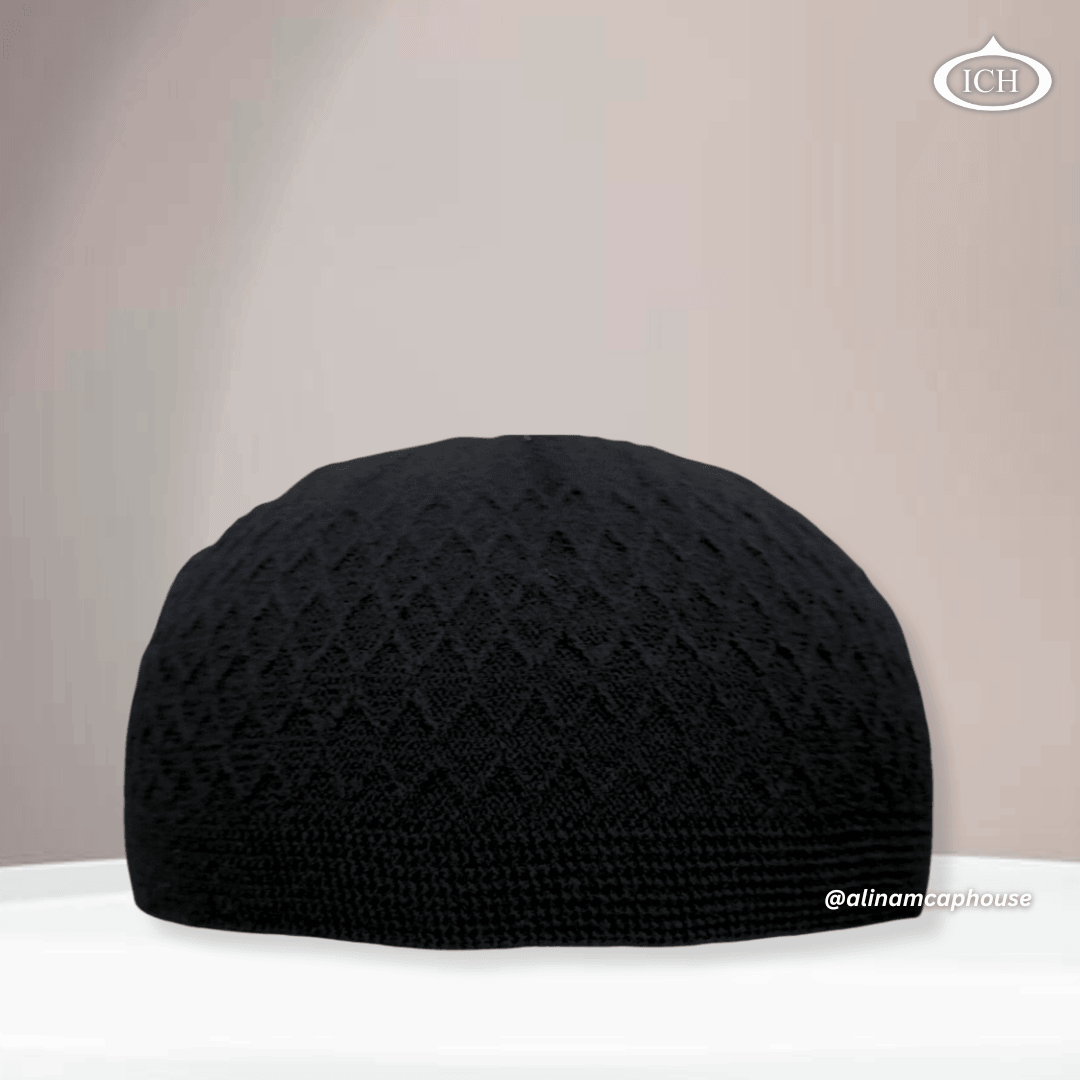 ICH Turkish knitted cap black, Islamic prayer cap, front view, soft breathable fabric, textured design, AL INAM CAP HOUSE