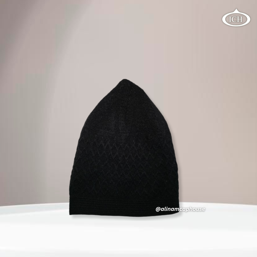 ICH Turkish knitted cap black, Islamic prayer cap, side view, snug fit, handcrafted detail, AL INAM CAP HOUSE