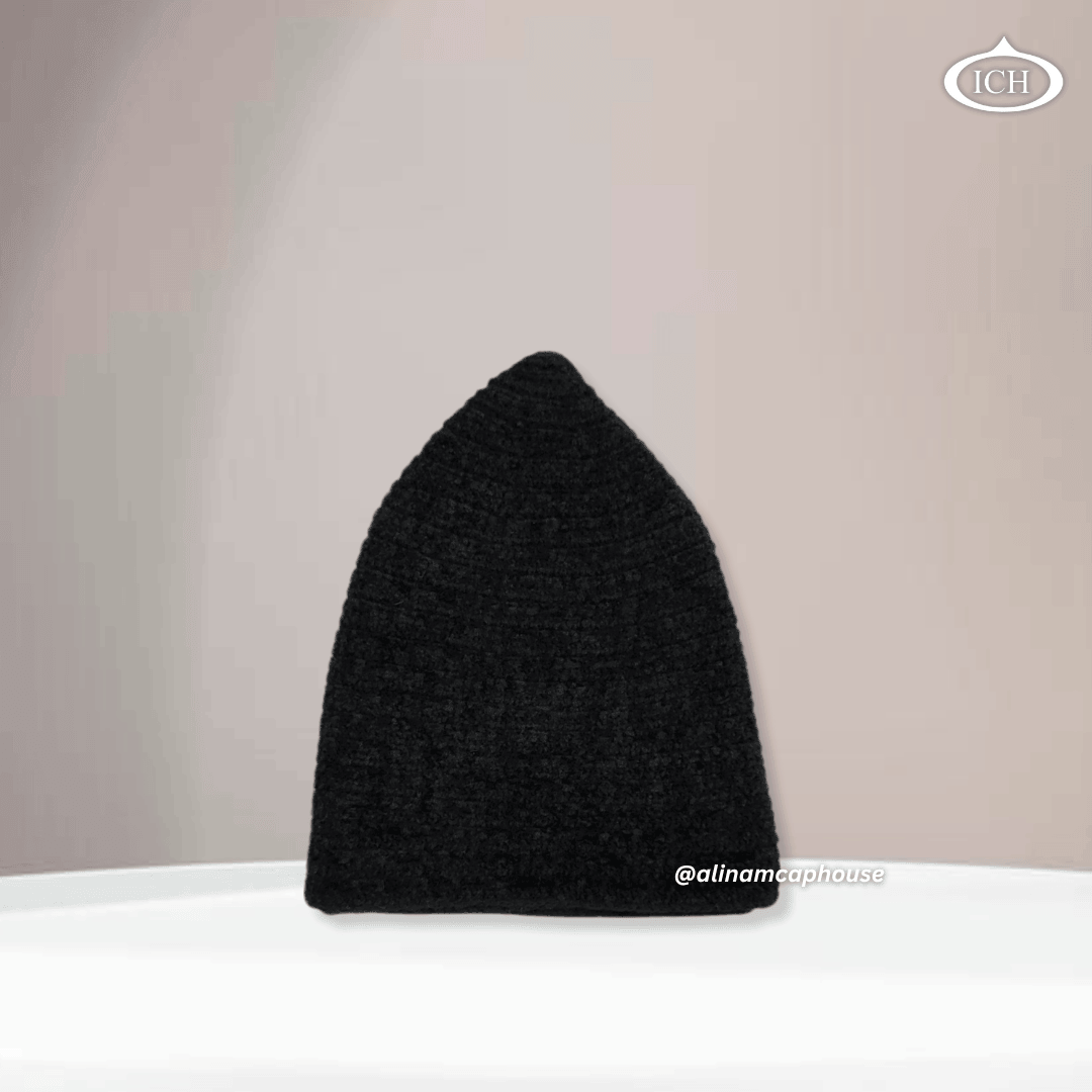 N09 black Turkish knitted cap, Islamic prayer cap, side view, snug fit, handcrafted texture, AL INAM CAP HOUSE