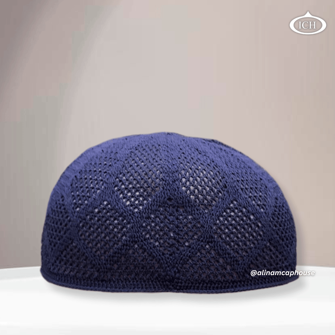 N05 blue, Islamic prayer cap, front view, soft breathable fabric, textured pattern, AL INAM CAP HOUSE