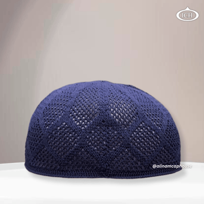 N05 blue, Islamic prayer cap, front view, soft breathable fabric, textured pattern, AL INAM CAP HOUSE