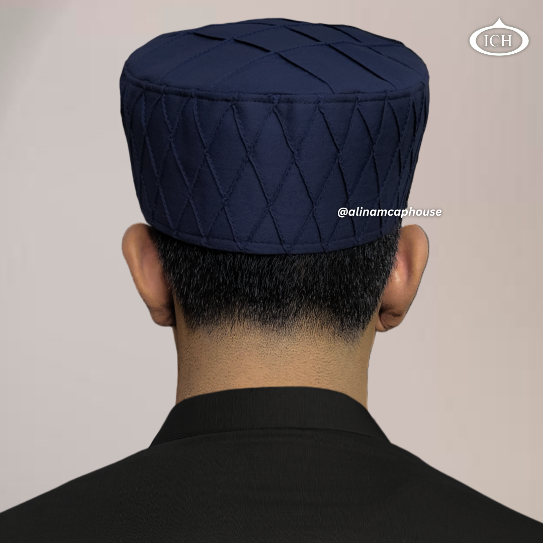 Al Inam Cap blue, Islamic prayer wear, back view, handcrafted detail, AL INAM CAP HOUSE
