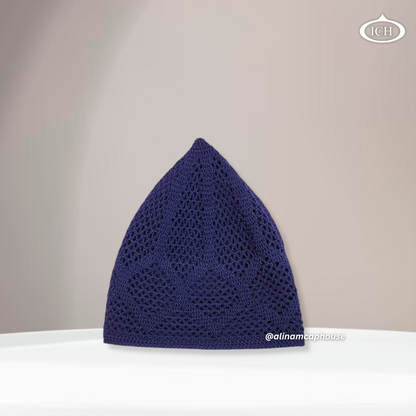 N05 blue, Islamic prayer cap, side view, snug fit, detailed craftsmanship, AL INAM CAP HOUSE