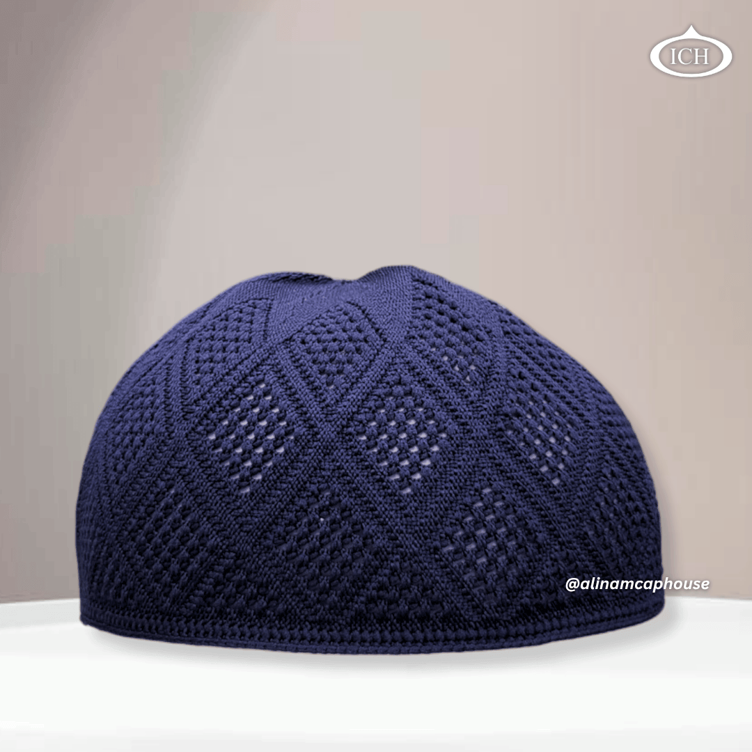 N11 blue Turkish knitted cap, Islamic prayer cap, front view, soft breathable fabric, textured knit design, AL INAM CAP HOUSE