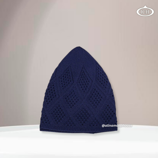 N11 blue Turkish knitted cap, Islamic prayer cap, side view, snug fit, detailed knitting, AL INAM CAP HOUSE