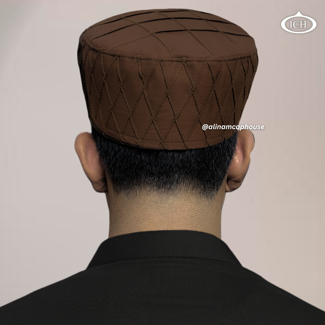Al Inam Cap brown, Islamic prayer wear, back view, handcrafted detail, AL INAM CAP HOUSE