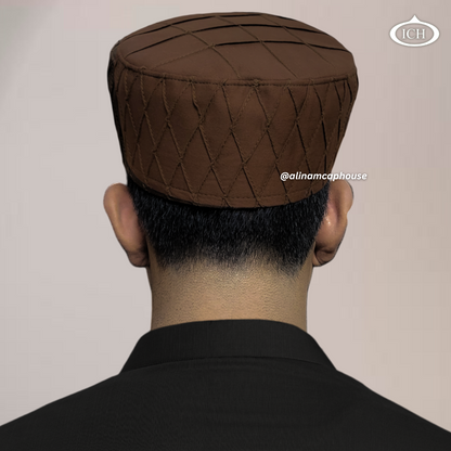 Al Inam Cap brown, Islamic prayer wear, back view, handcrafted detail, AL INAM CAP HOUSE