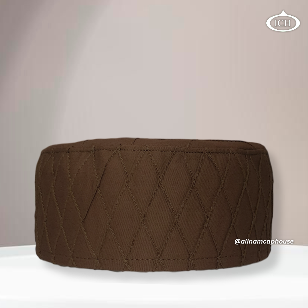Al Inam Cap brown, earthy Islamic prayer cap, front view, soft breathable fabric, AL INAM CAP HOUSE
