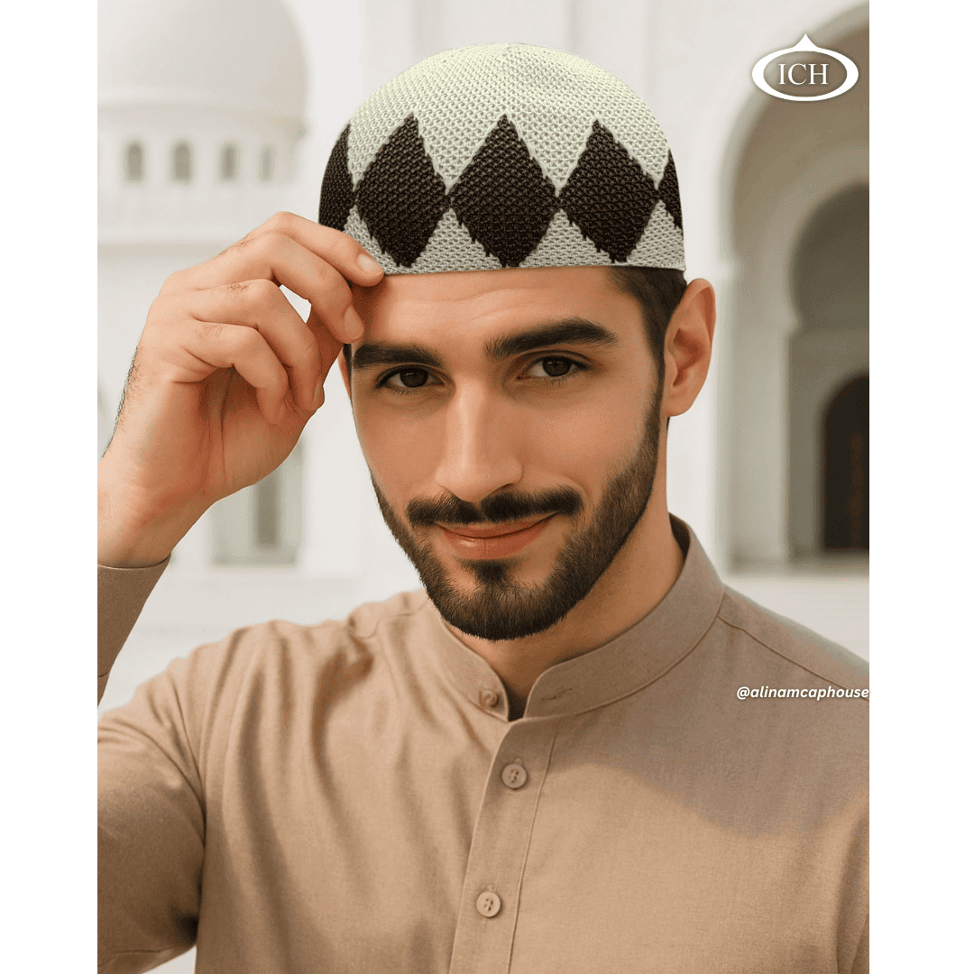 N12 brown Turkish knitted cap, Islamic prayer cap, angled view on model, elegant knit pattern, comfortable fit, AL INAM CAP HOUSE