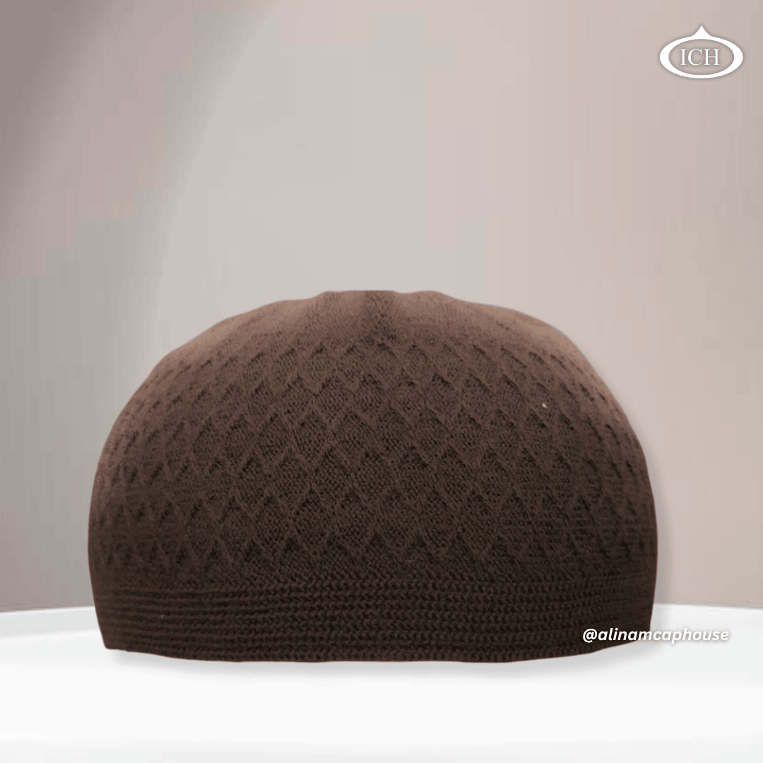 ICH Turkish knitted cap brown, Islamic prayer cap, front view, soft breathable fabric, textured design, AL INAM CAP HOUSE