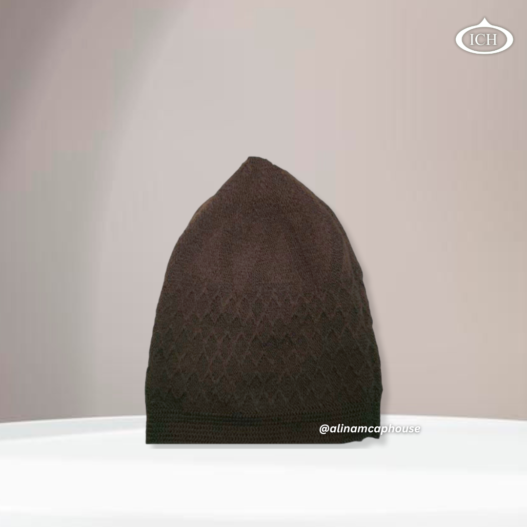 ICH Turkish knitted cap brown, Islamic prayer cap, side view, snug fit, handcrafted detail, AL INAM CAP HOUSE