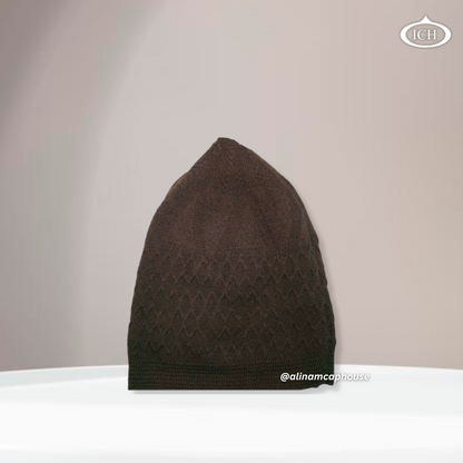 ICH Turkish knitted cap brown, Islamic prayer cap, side view, snug fit, handcrafted detail, AL INAM CAP HOUSE