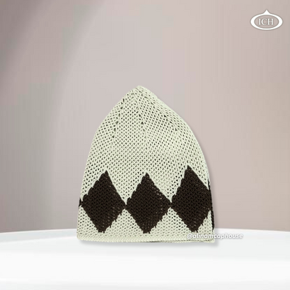 N12 brown Turkish knitted cap, Islamic prayer cap, side view, snug fit, detailed stitching, AL INAM CAP HOUSE