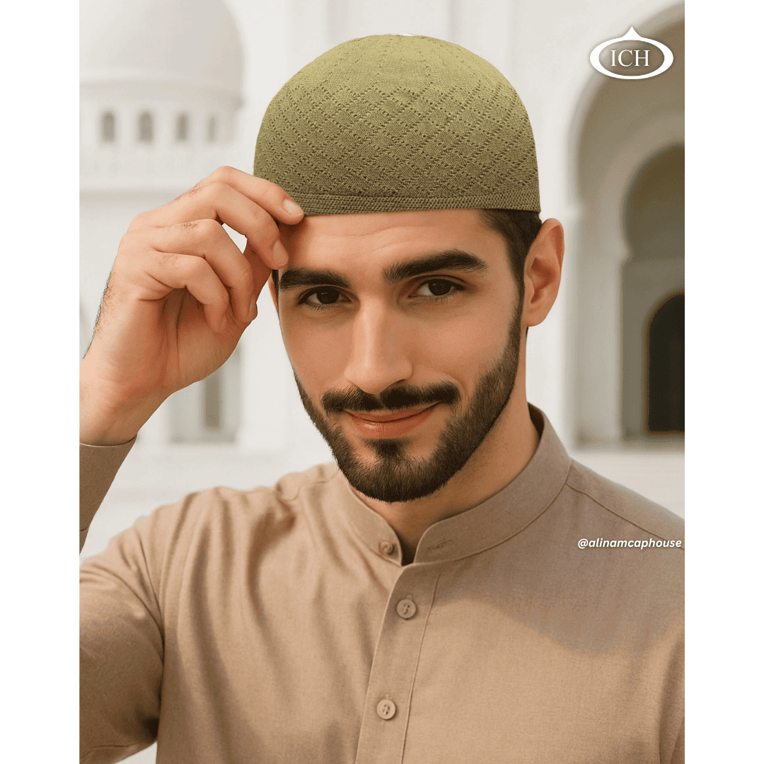 N06 camel, Islamic prayer cap, angled view on model, warm tone texture, comfortable fit, AL Inam Cap House