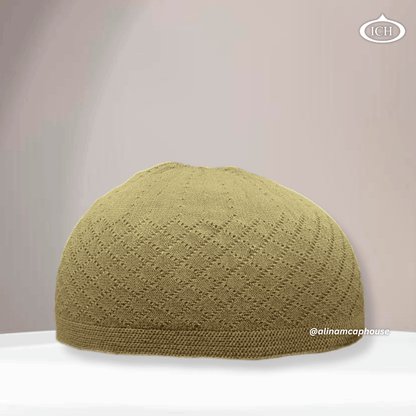 N06 camel, Islamic prayer cap, front view, soft breathable fabric, woven texture, AL INAM CAP HOUSE