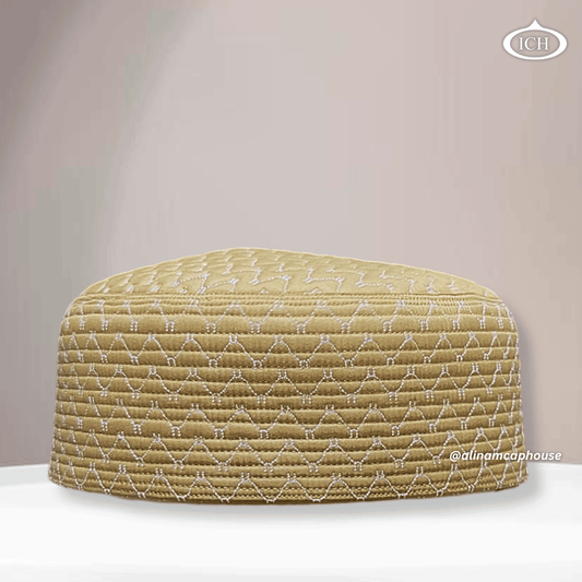 Al Inam Cap camel, premium Islamic prayer cap, front view, soft breathable fabric, AL INAM CAP HOUSE