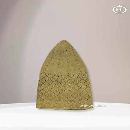 N06 camel, Islamic prayer cap, side view, snug fit, handcrafted detail, AL INAM CAP HOUSE
