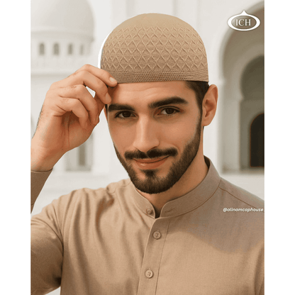 ICH Turkish knitted cap camel, Islamic prayer cap, angled view on model, elegant textured design, comfortable fit, AL INAM CAP HOUSE