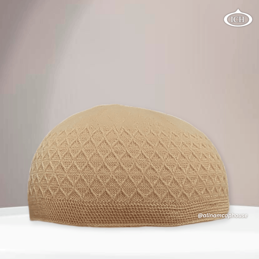  ICH Turkish knitted cap camel, Islamic prayer cap, front view, soft breathable fabric, textured design, AL INAM CAP HOUSE