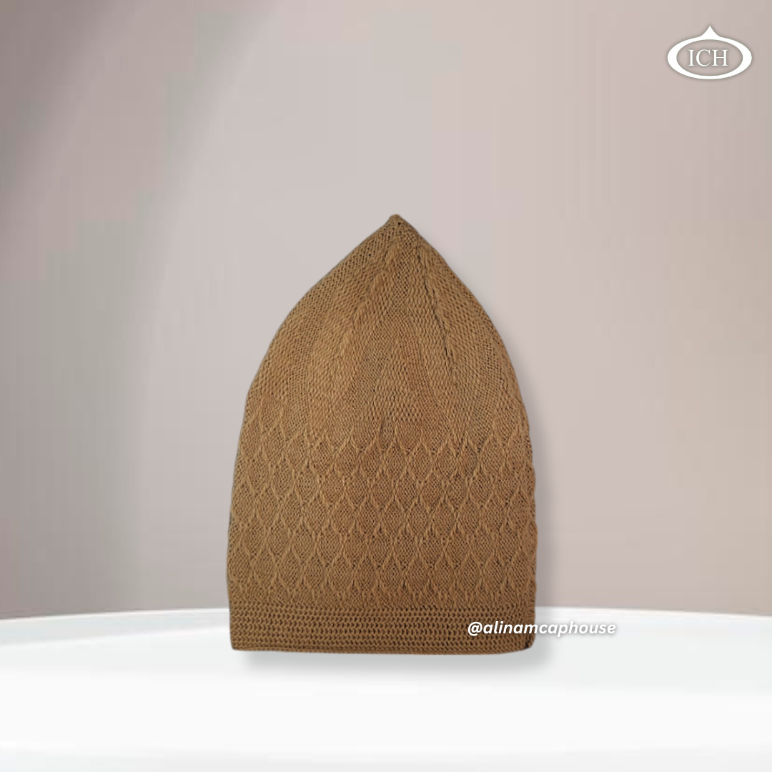 ICH Turkish knitted cap camel, Islamic prayer cap, side/pointed view, snug fit, handcrafted detail, AL INAM CAP HOUSE