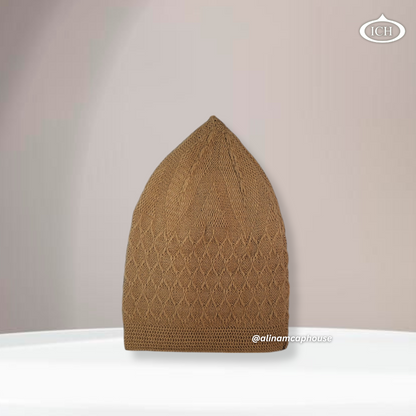 ICH Turkish knitted cap camel, Islamic prayer cap, side/pointed view, snug fit, handcrafted detail, AL INAM CAP HOUSE