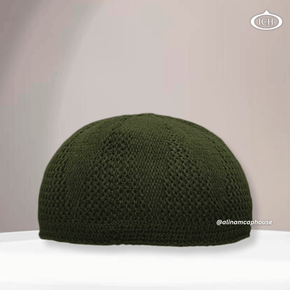 N07 dark green, Islamic prayer cap, front view, soft breathable fabric, subtle texture, AL INAM CAP HOUSE