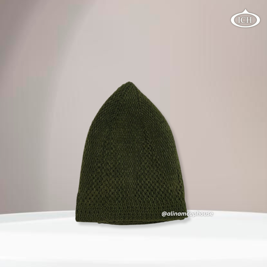 N07 dark green, Islamic prayer cap, side view, snug fit, fine detailing, AL INAM CAP HOUSE